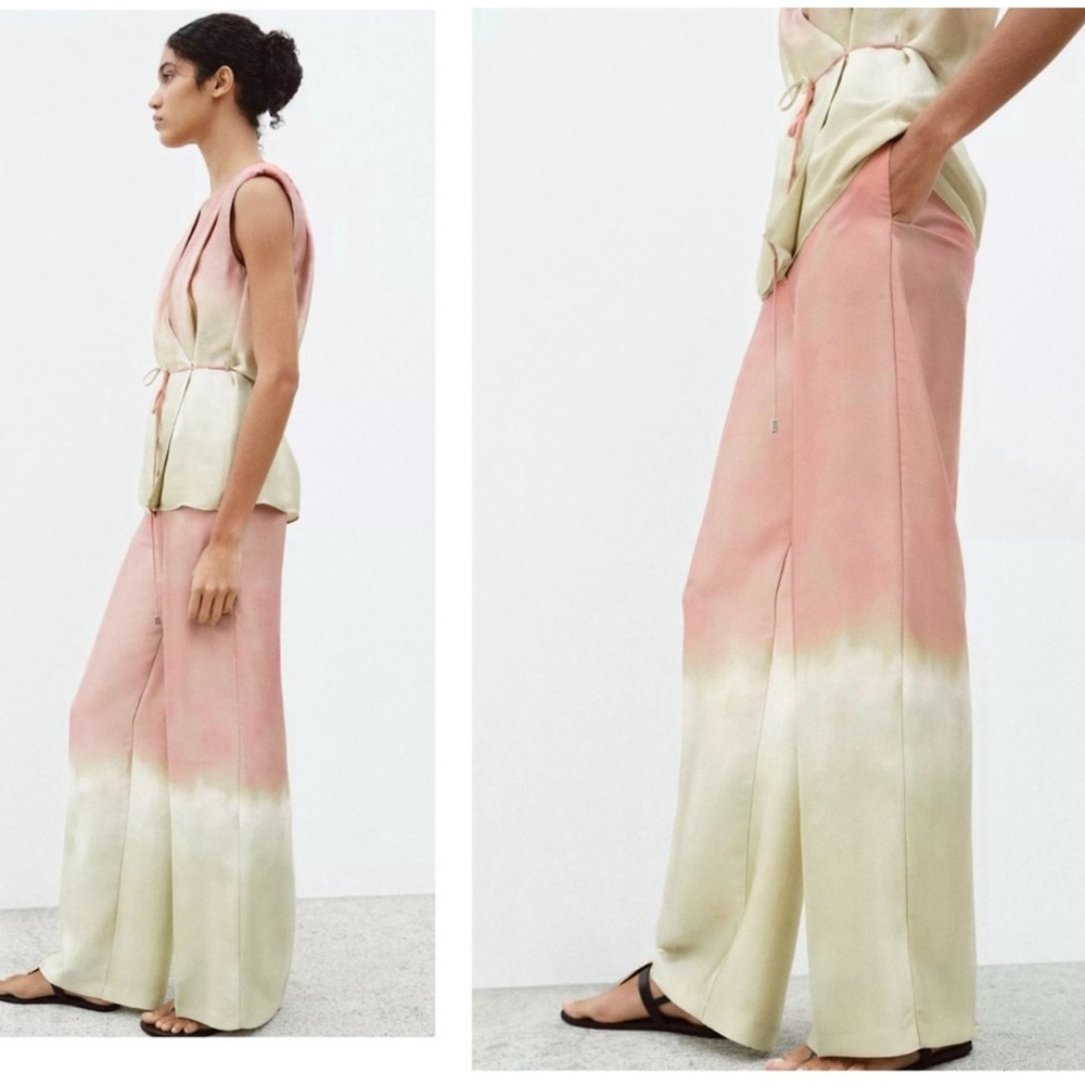 Zara Two-Tone Pink and Cream Wide-Leg Pants - Picture 7 of 8